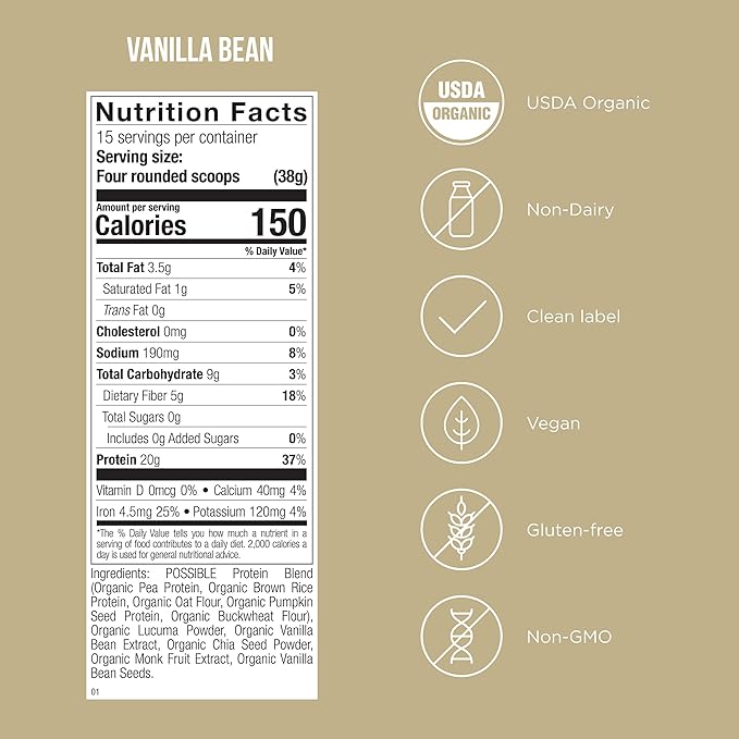 Protein Powder - Muscle Growth &amp Recovery Support - Plant-Based Protein - Essential Amino Acids &amp BCAAs - Vegan Gluten-Free &amp USDA Organic - Vanilla 1.25 Pound (Pack of 2)