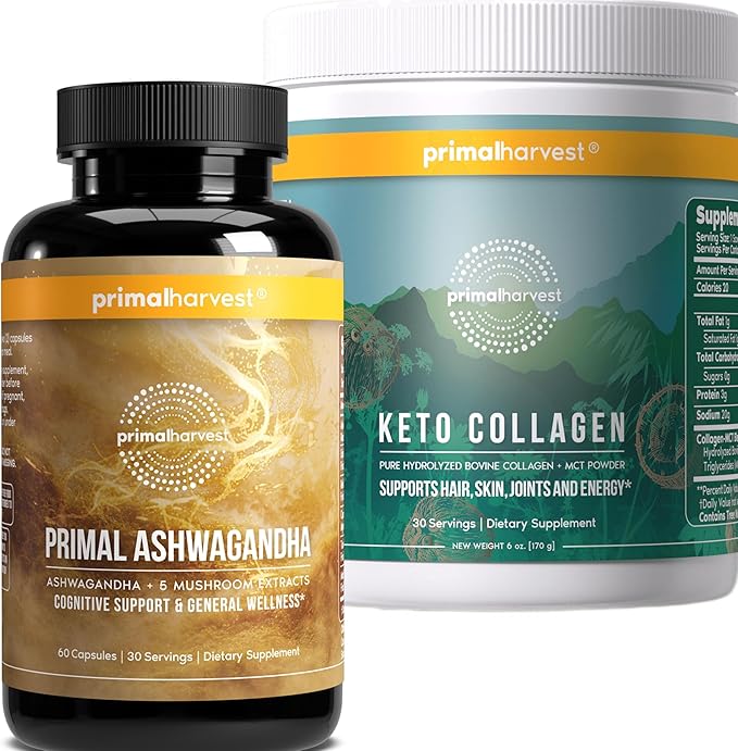 Primal Harvest Daily Two-Step Routine | Ashwagandha + Keto Collagen | 2 Pack | 30 Day Supply