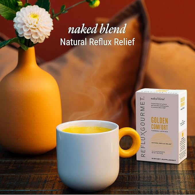 REFLUX GOURMET Golden Comfort Turmeric Latte Mix–Natural Reflux Relief Turmeric and Clinical Black Pepper Extract–Enhanced Absorption 95% Curcuminoids–Organic Ginger Cinnamon Cardamom Clove–14 ct