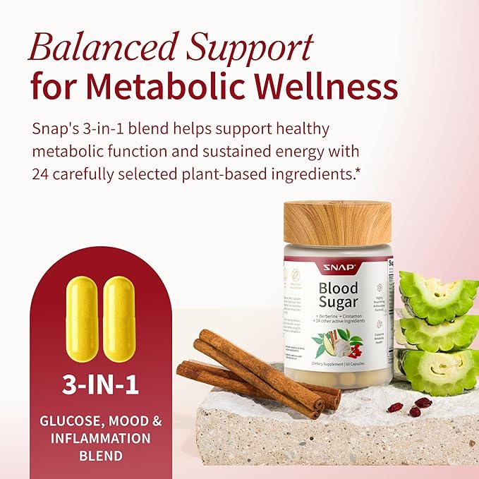 Snap Supplements Blood Sugar Blend with Berberine CoQ10 Cinnamon and Gymnema to Support Already Healthy Blood Sugar Metabolic Health and Energy Sugar Free 60 Capsules 2-Pack (Packaging May Vary)
