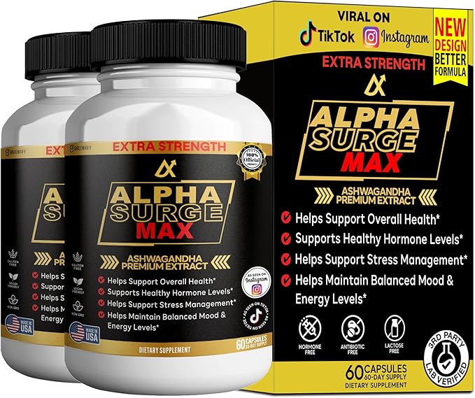 Alpha Surge Max Organic Ashwagandha Black Pepper Extract 60 Capsules Extra Strength Dietary Supplement (2)