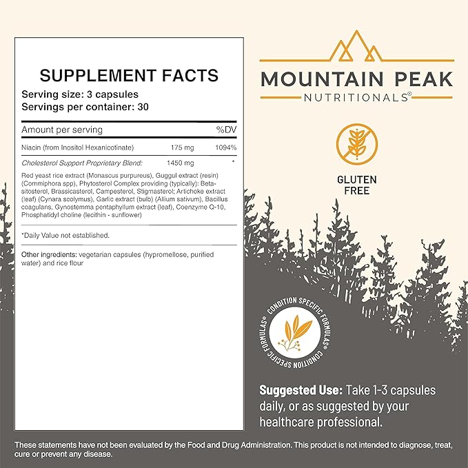 Mountain Peak Nutritionals Cholesterol Support Supplement - with Artichoke Extract CoQ10 &amp Red Yeast Rice - Plant-Based Formula Supports Heart Health &amp Healthy Lipid Levels (90 Vegetarian Ca