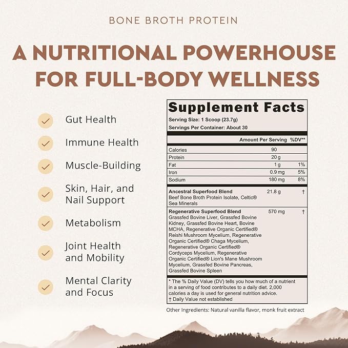 Ancestral Supplements Vanilla Protein Bundle &amp Frother Wand – Grass Fed Beef Organ Blend with 20g Protein Gut Health Support &amp Organic Mushrooms Rechargeable Electric Frother Wand (Double Wh