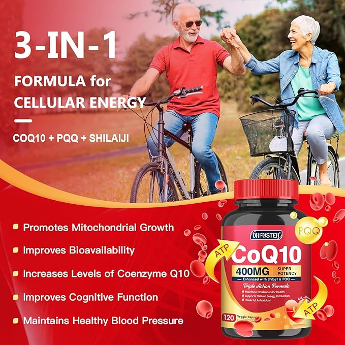 DRFOSTER CoQ10 400mg with PQQ &amp Shilajit - High Absorption with Bioperine Coenzyme Q10 - Powerful Antioxidant with Vitamin E for Heart &amp Brain Health and Energy-Production