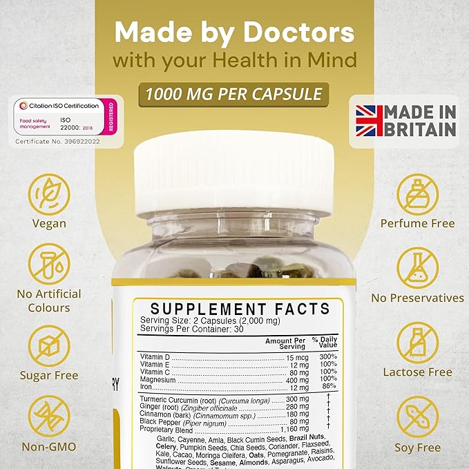 Strength &amp Spices Bone Muscle &amp Joints 100% Natural Supplement – 28 Ingredients w Turmeric - 60 Vegan UK Made 1000mg Capsules – Mobility and Flexibility Support