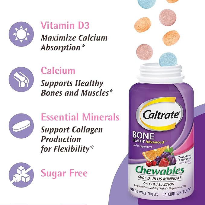 Caltrate Chewables 600 +D3 Plus Minerals Calcium and Vitamin D Sugar Free Cherry Orange and Fruit Punch 155 count
