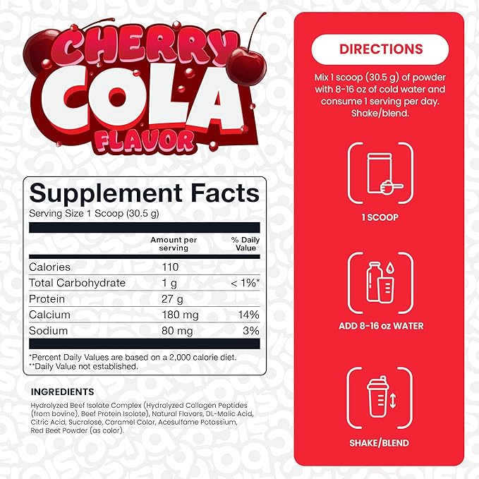 Hydrolyzed Clear Beef Isolate Protein Powder 27g Protein 9 Essential Amino Acids Dairy-Free Fat-Free Sugar-Free Lactose-Free Supports Muscle Protein Synthesis