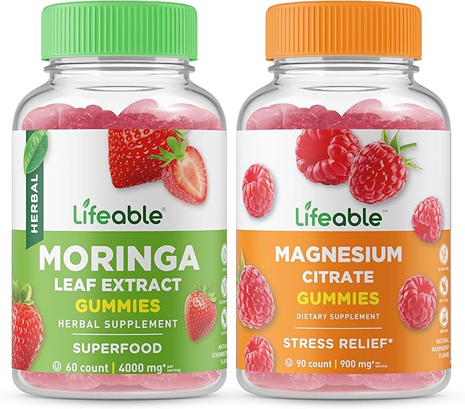 Lifeable Magnesium + Moringa Leaf Gummies Bundle - Great Tasting Vitamin Supplement Gluten Free GMO Free Chewable Gummy