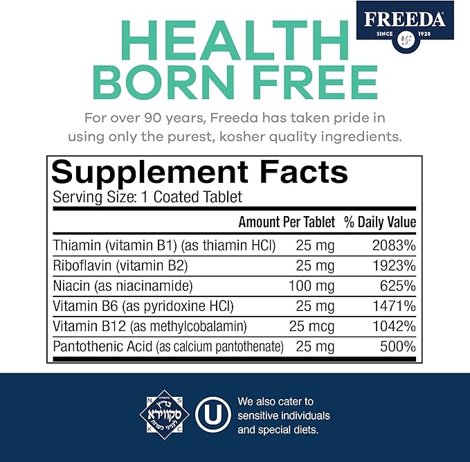 Freeda Vitamin B Complex No Folic No PABA - Super B Complex Kosher Vitamin Supplement with Vitamin B1 Vitamin B2 Vitamin B3 Vitamin B5 Vitamin B6 Vitamin B12 - Vit B Complex B for Women &amp Men (250