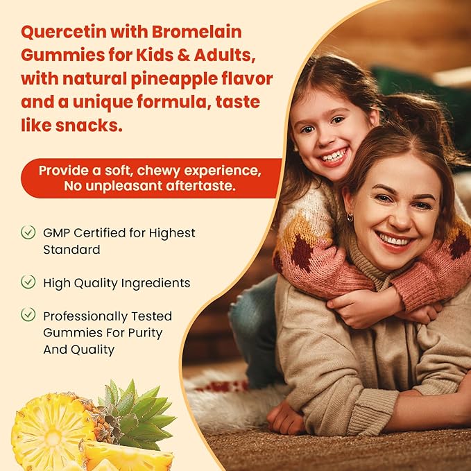 (2 Pack) Sugar Free Quercetin with Bromelain Gummies for Kids &amp Adult - Immune Antioxidant Seasonal Support 1000mg Quercetin Supplements with Bromelain Zinc Elderberry Vitamin C D3 E 120 Co