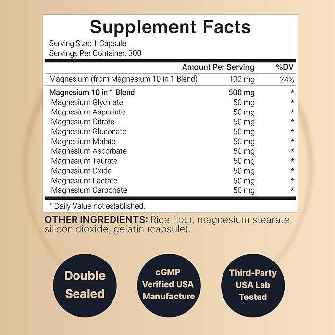Magnesium Complex 500mg 300 Capsules | 10-in-1 Magnesium Glycinate Citrate Malate &amp More | Chelated Form for Easy Absorption | Non-GMO