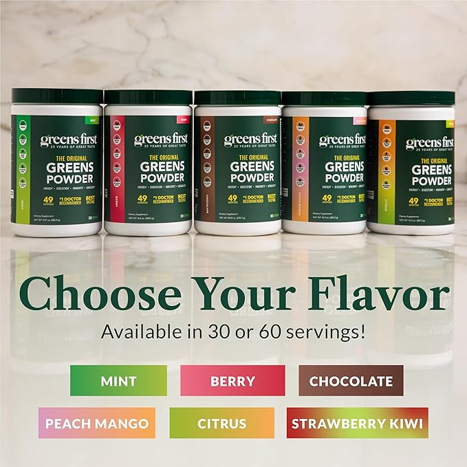 Greens First Original Greens Powder - 49 Superfoods - Organic Fruits &amp Veggies - Prebiotics Probiotics &amp Digestive Enzymes - Antioxidant Smoothie - Dairy Free/Vegan/Non-GMO (Citrus 60 Servin