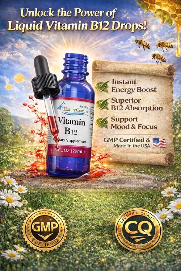 HoneyCombs Vitamin B12 Liquid Drops – B12 Vitamin Supplement for Energy Metabolism Brain Focus &amp Nerve Support – B12 Liquid Drops for Adults and Children Vitamina B12 Sublingual Made in the USA