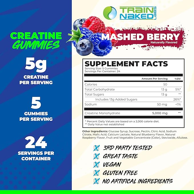 Creatine Gummies | Gummy Creatine Chewables for Men &amp Women | 5g per Serving | Gluten Free &amp Vegan | 120 Gummies 24 Servings (Mashed Berry)