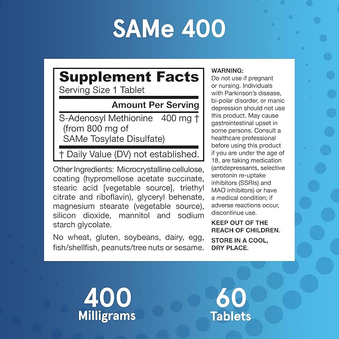 Jarrow Formulas SAMe Supplement 400 mg - 60 Tablets - High Concentration of Active SS Form - Supports Joint Health Liver Function Brain Metabolism Balanced Mood &amp Antioxidant Defense - 60 Serv