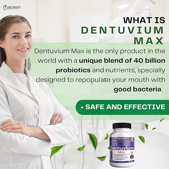 Dentuvium Max Probiotic Supplement - 40 Billion CFU - Supports Teeth Gums Throat Digestive Health - Gluten Free Sugar Free Non-GMO - 60 Capsules (1)