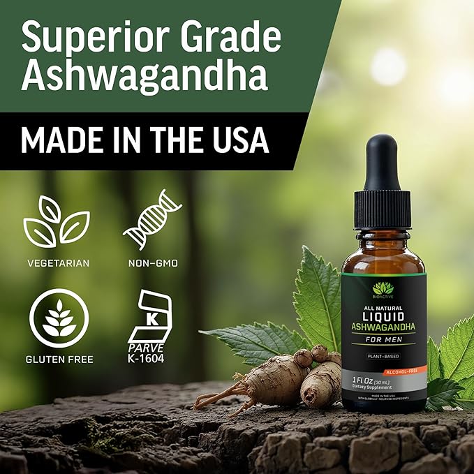 BIOACTIVE Liquid Ashwagandha Supplement Drops - Testosterone Booster For Men* - Adaptogen for Stress Support Men’s Wellness - Organic Vegetarian Gluten Free Non-GMO 59 Servings (1 Oz Unflavored)