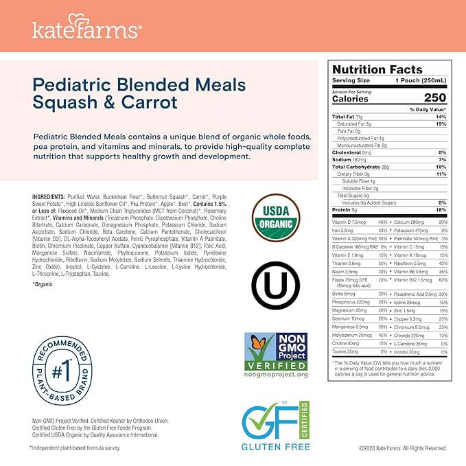 KATE FARMS Organic Pediatric Blended Meal Squash and Carrot 8g protein organic whole foods oral or tube feed nutrition Gluten Free Non-GMO 8.45 oz (12 Pack)