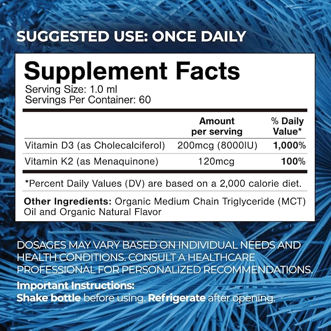 USDA Organic Liquid Vitamin D3 K2 Drops for Adults | Superdose 8000IU Pure Vitamin D3 | 60 Serv | Vitamin D K2 Supplement for Immune Support &amp Bone Health | 98% Absorption | Vegan Non-GMO | 2 Fl