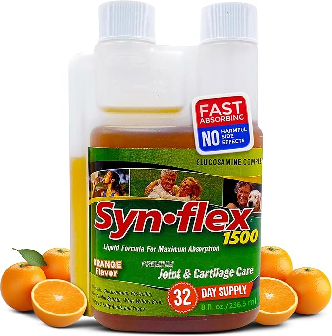 Synflex 1500mg Liquid Glucosamine &amp Chondroitin Supplement - HSA/FSA High Concentration and Fast-Absorbing Joint Support Formula with White Willow Bark Manganese and Boswellin 32-Day Supply