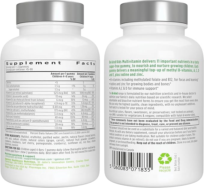 Igennus Methylated Kids Multivitamin Gummies MTHFR No Artificial Sweeteners or Flavors Sugar Free Age 4+ 90 Natural Berry Flavor Gummies from Fruit Powder Non-GMO Halal Clean Label
