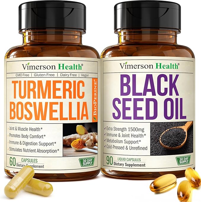 Boswellia Turmeric Curcumin Supplement + Black Seed Oil Bundle – Joint Health Immune Support Antioxidants Digestion – with Ginger Root Organic Turmeric Powder Cold Pressed Black Seed Oil Capsules