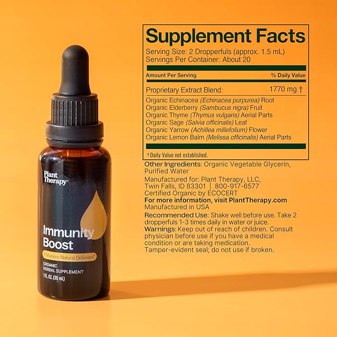 Plant Therapy Organic Immunity Boost Tincture 30 mL (1 oz) with Ehcinacea Elderberry &amp Lemon Balm Extract Supports a Healthy Immune System Natural Defense Against Seasonal Threats
