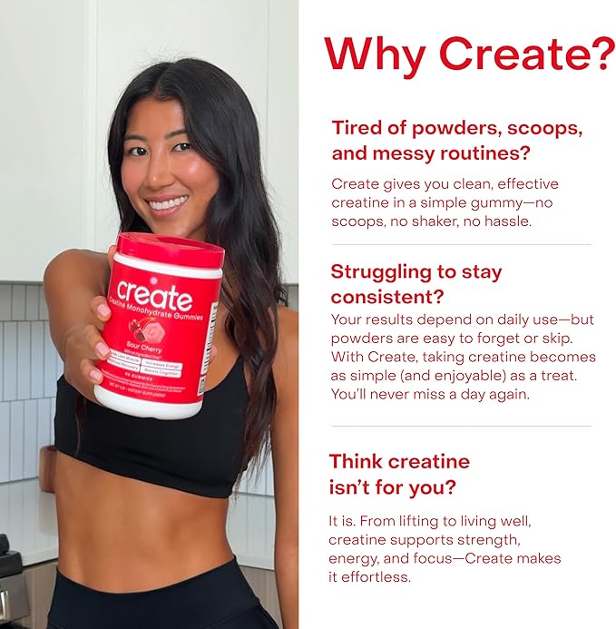 Create Creatine Monohydrate Gummies - Rocket Pop Duo - Blue Raspberry &amp Sour Cherry - Creatine Gummies for Women &amp Men NSF Certified 3rd Party Tested Anti-Melting Formula 180 Count (2-Pack