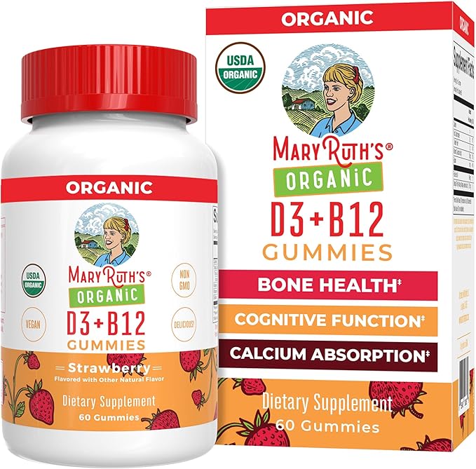 MaryRuth Organics's Vitamin D3 B12 Gummies | USDA Organic | 2 Month Supply | Vitamin D &amp B12 Vitamin Supplements for Adults &amp Kids | Bone Health | Healthy Energy Levels | Non-GMO | 60 Servings