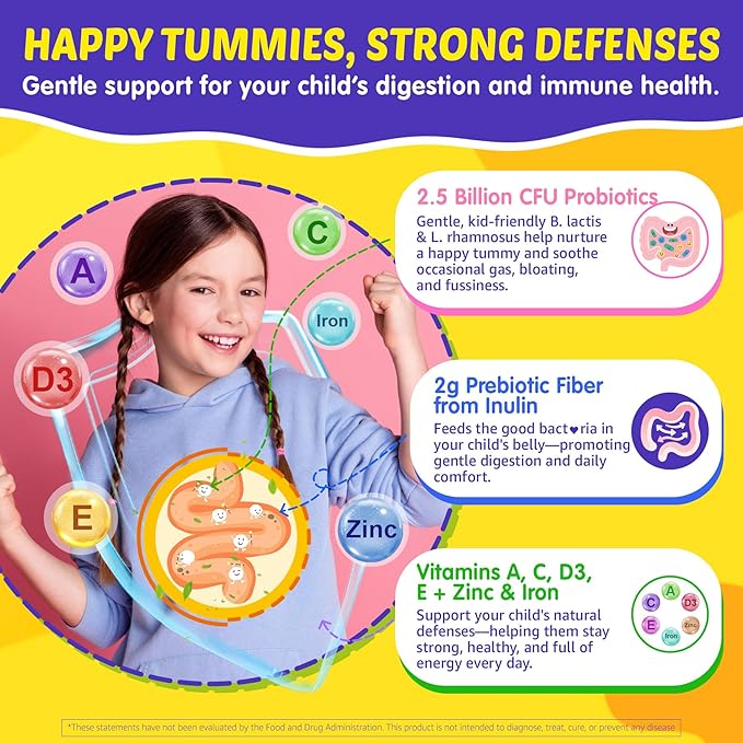 Kids Multivitamin Gummies with Iron 450mg Algae Omega-3 Methylated B12 Folate Fiber 2g Probiotics Magnesium A C D K Zinc Children Vitamins for Growth Brain Eye Gut Immune Sugar Free