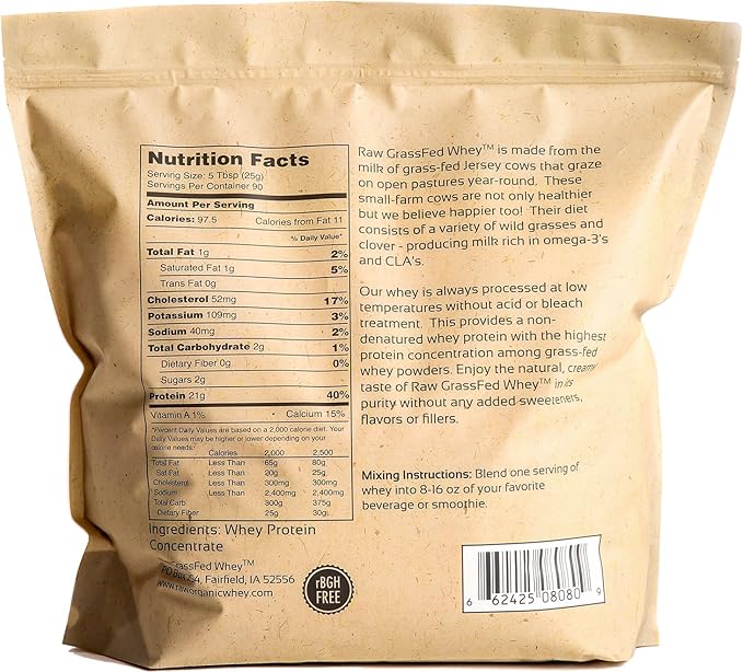 Raw Grass Fed Whey Protein Powder – Unflavored Only 1 Ingredient: Grass-Fed Whey from Happy Healthy Cows – Undenatured Non-GMO Hormone-Free Gluten-Free Made in USA 5LB