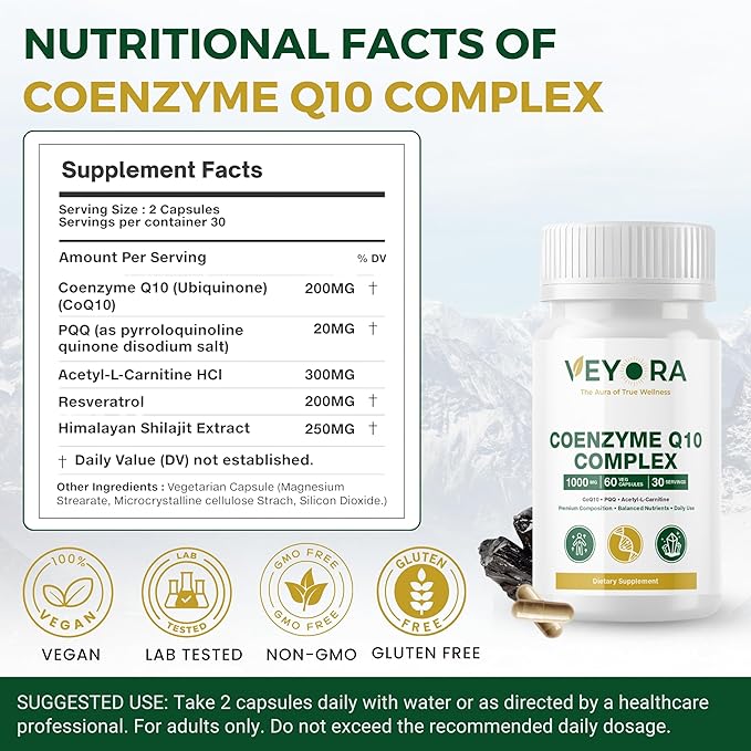 Coenzyme Q10 Complex 60 Veg Capsules Premium CoQ10 + PQQ + ALC + Resveratrol &amp Shilajit Balanced Nutrient Blend for Daily Use