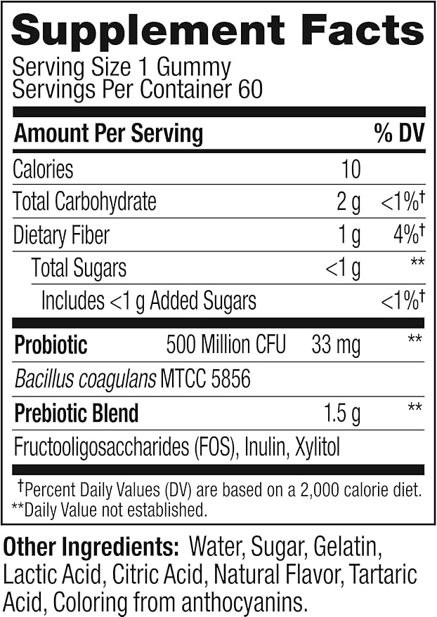 OLLY Probiotic + Prebiotic Gummy Digestive Support and Gut Health 500 Million CFUs Fiber Adult Chewable Supplement for Men and Women Peach 60 Day Supply - 60 Count