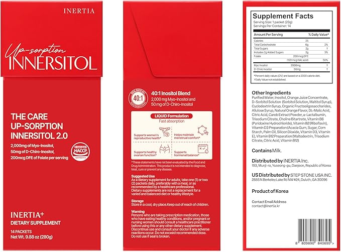 INERTIA+ The Care Up-sorption INNERSITOL Ready-to-Drink Inositol Supplement for Women 40:1 Myo &amp D-Chiro Inositol Hormone Balance &amp Ovarian Function Support Folic Acid Orange Flavor (14 St
