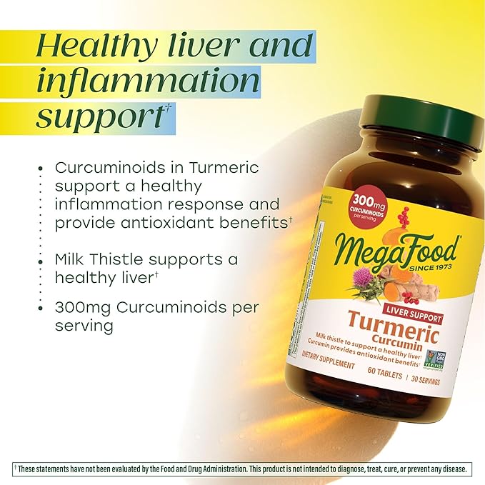 MegaFood Turmeric Curcumin Supplement for Liver Support - Turmeric Supplement with Black Pepper &amp Milk Thistle - 300mg Curcuminoids Per Serving - Vegan Gluten Free NonGMO - 90 Tablets 45 Servin