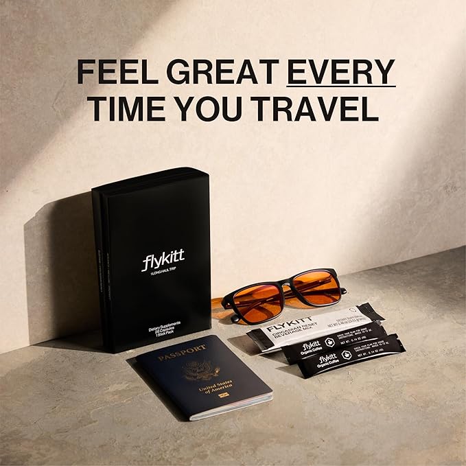 Flykitt Jet Lag Prevention Kit | Complete Travel Essentials with App-Guided Supplement Schedule &amp Blue Light Glasses | Stay Energized &amp Wake Up Refreshed for Your Entire Trip