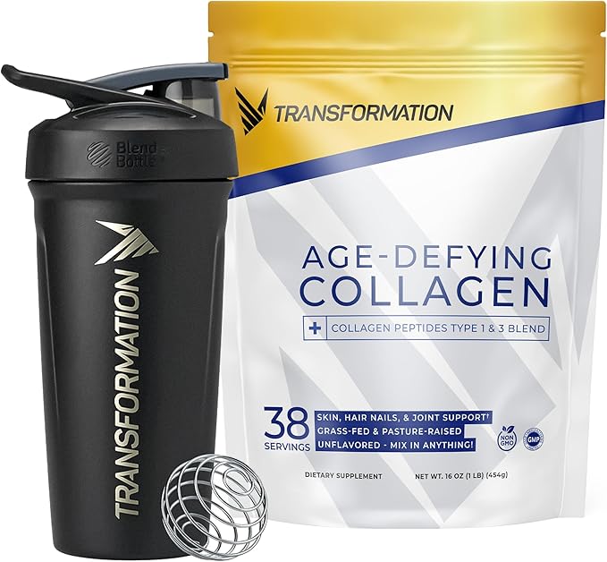 Transformation Grass-Fed Hydrolyzed Collagen Peptides Powder &amp Performance Insulated Shaker Bottle | Multi Types 1 &amp 3 | Pure Bovine | Keto Friendly | Supports Hair Skin Nails | 16oz Unflavo