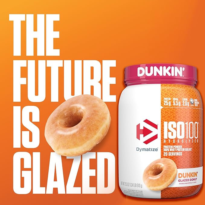 Dymatize x Dunkin' Glazed Donut ISO100 Whey Protein Powder 25g of Protein 5.5g BCAAs 120 Cal. Gluten Free 1g Fat 1g Sugar 2g Carb (20 Servings)