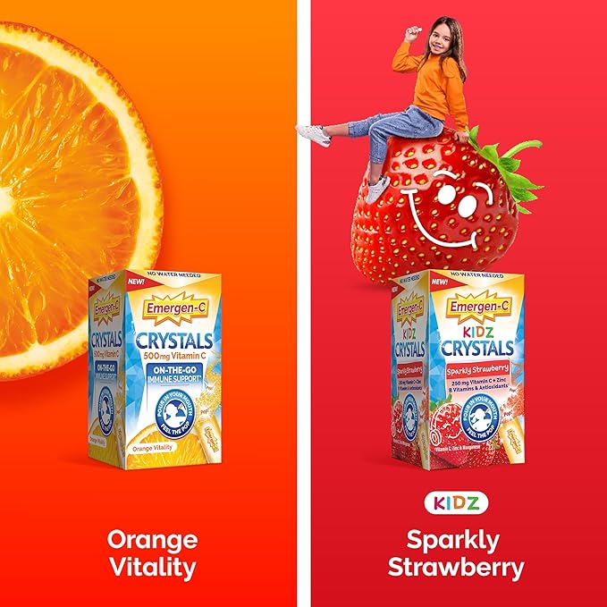 Emergen-C Kidz Crystals On-the-Go Emergen-C Immune Support Supplement with Vitamin C B Vitamins Zinc and Manganese Sparkly Strawberry Stocking Stuffer - 56 Stick Packs