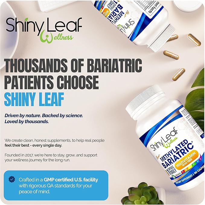 Shiny Leaf Methylated Bariatric Multivitamin Without Iron – Vitamins for Gastric Bypass &amp Sleeve 1 Daily Capsule W Methylated Folate B12 A C D K &amp More. Vegetarian Soy-Free USA Made (1