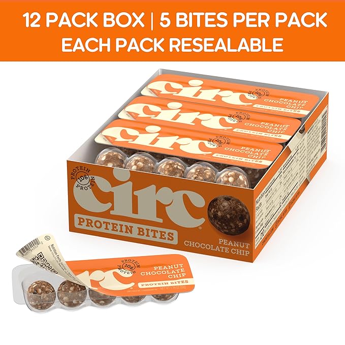 CirC Energy Bites - 12 Pack Peanut Chocolate Chip Gluten Free Protein Balls - 10g Protein Whole Grains Nuts &amp Fruit - Portable Healthy Snacks for Adults &amp Kids 5 Piece Resealable Packs