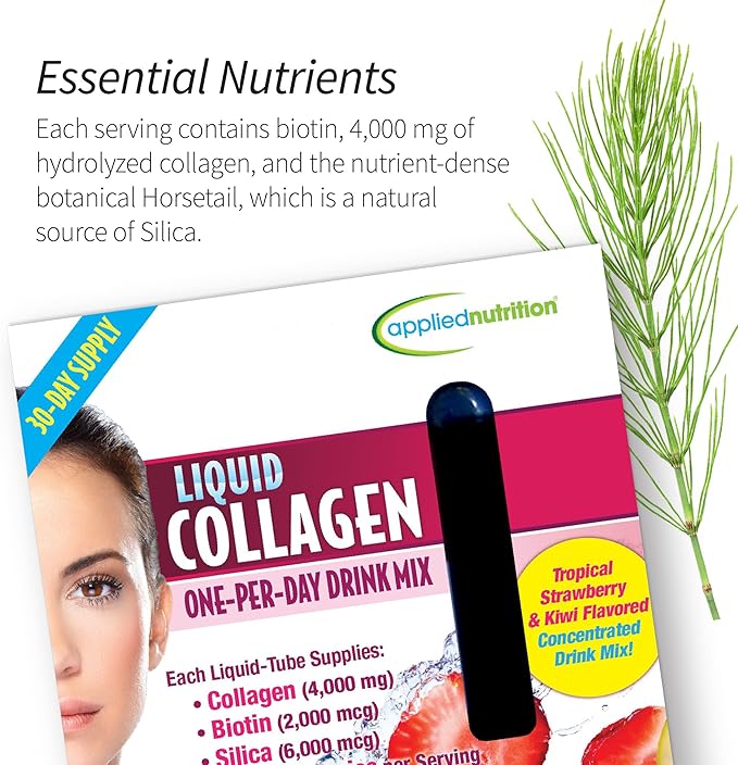 Applied Nutrition Liquid Collagen Skin Revitalization - 10 Liquid Tubes Pack of 2 - Collagen Biotin &amp Silica - Tropical Strawberry &amp Kiwi Flavor - 20 Servings