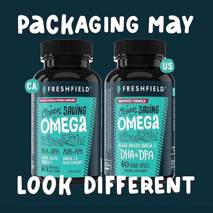 Freshfield Omega 3 DHA Supplements Potent 1 per Day Formula Algae (Algal) Oil Vegan Omega Ocean Saving Fish Oil Alt Sustainable Concentrated DHA per Capsule w/DPA