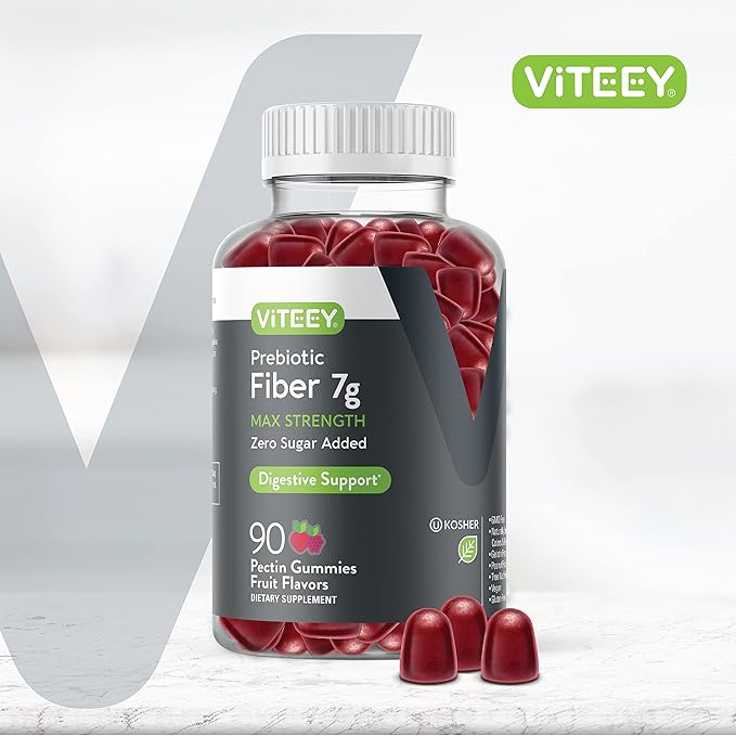 Viteey Prebiotic Fiber Gummies for Adults 7g - Gut Health &amp Digestive Soluble Fiber Supplement Gummies - Zero Sugar Added Vegan Gluten-Free - 90 Count