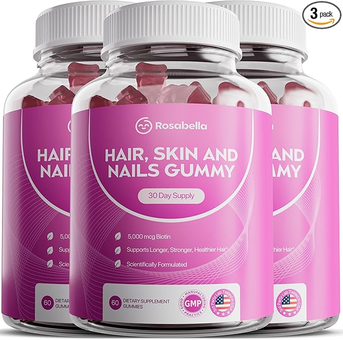 Rosabella® Hair Growth Vitamin Gummies [60 Gummies] Biotin for Faster Hair Growth Women &amp Men - Nail Skin (5.000mcg Biotin) (60 Count (Pack of 3))