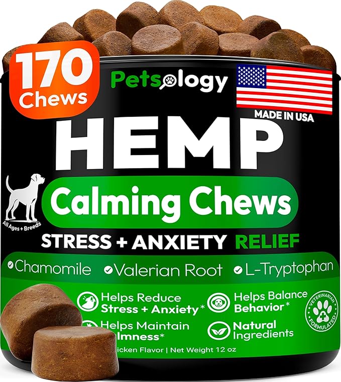 Hemp Calming Chews for Dogs - 170 Dog Calming Chews - Anxiety Relief Treats - Advanced Stress Relief Supplement Separation Aid Barking Fireworks Melatonin - Hip &amp Joint Support - Made in USA