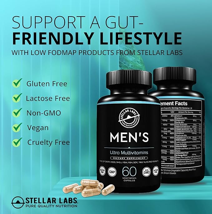 Stellar Labs Men's Low FODMAP Vegan Daily Multivitamin No Iron | Easy On Sensitive Stomachs Easy to Swallow Vitamins | Immune Support Antioxidant Energy Blend Male Support | IBS Friendly Capsules