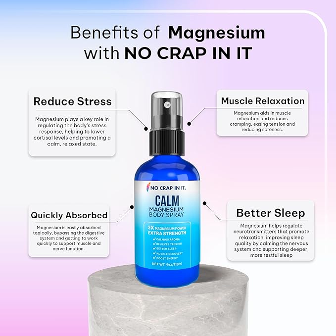 No Crap In It Calm Magnesium Spray Triple Magnesium Power: All Natural Magnesium Chloride Glycinate Sulfate-4oz