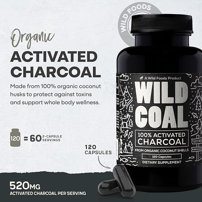 Wild Foods Activated Charcoal Capsules | 100% Organic Coconut Shells Active Tablets for Bloating Relief | Lab Tested &amp Non-GMO Detox Pills | USA (Two Bottles - 120 Capsules)