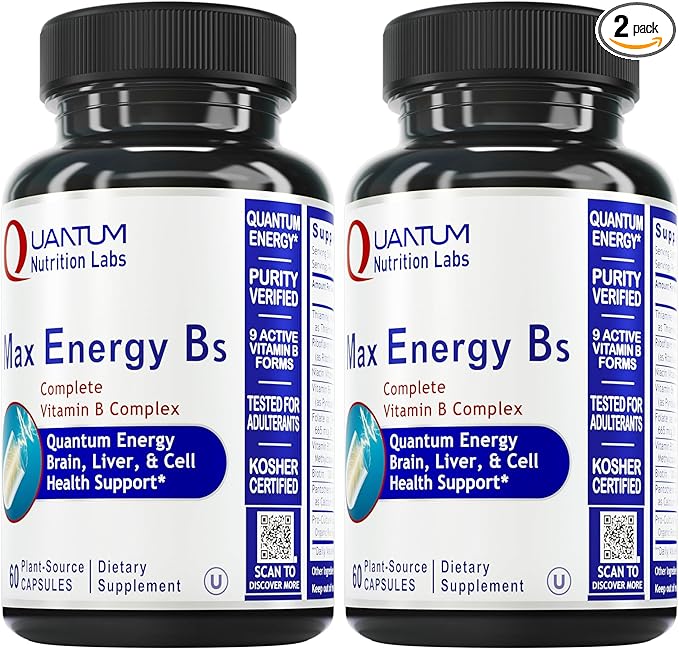 Quantum Nutrition Labs Max Energy Bs - Vitamin B Complex Methylated B Complex Vitamins with Vitamin B1 B6 B12 Thiamin Folate and Biotin - 60 Vegetarian Capsules (Pack of 2)